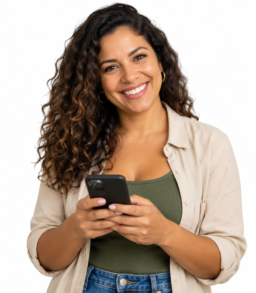 Cliente sorrindo usando o celular
